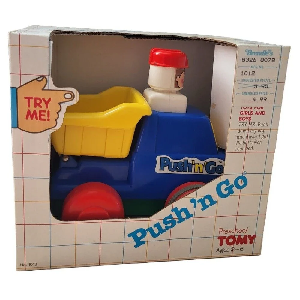 Vintage 1989 Tomy Push 'N Go Dump Truck Toy Car with Original Box